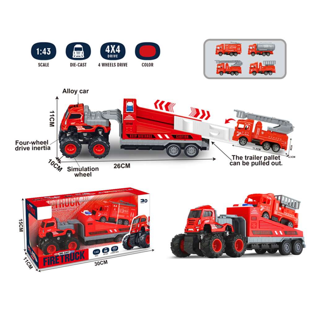 4WD Die-cast Friction Trailer with Fire Truck